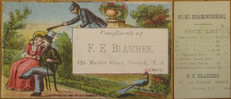 1881 Cigar/Tobacco Trade Card  Plainfield, NJ w/Peacock  