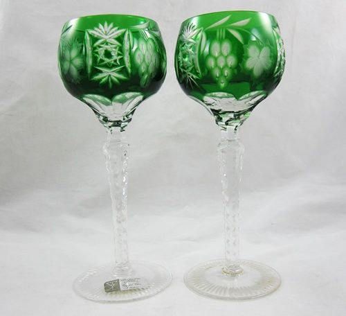 GREEN CRYSTAL Cut To Clear HOCK WINE Glasses HUNGARY BOHEMIAN Marsala 