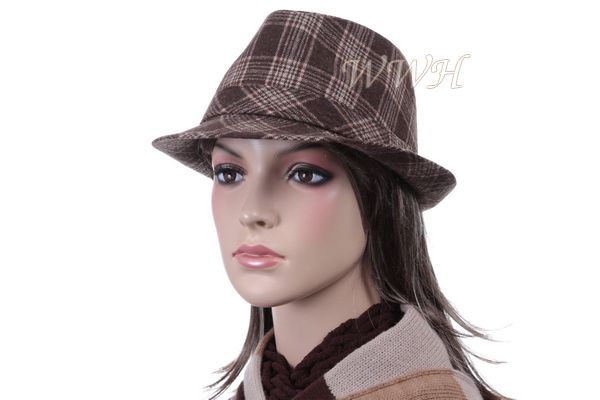 Brown Plaid Stingy Brim Fedora Hat Bucket bk282b  