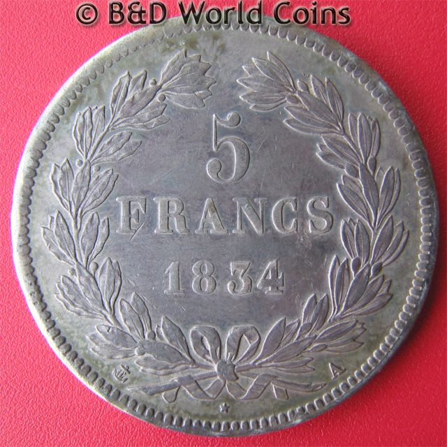 FRANCE 1834 A 5 FRANCS SILVER SHARP TONED XF 37mm CROWN PARIS MINT 