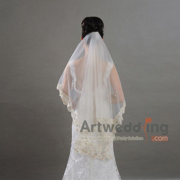 1T 78 Vintage Ivory Tulle Embroidery Floral Edge Waltz Bridal Veil 