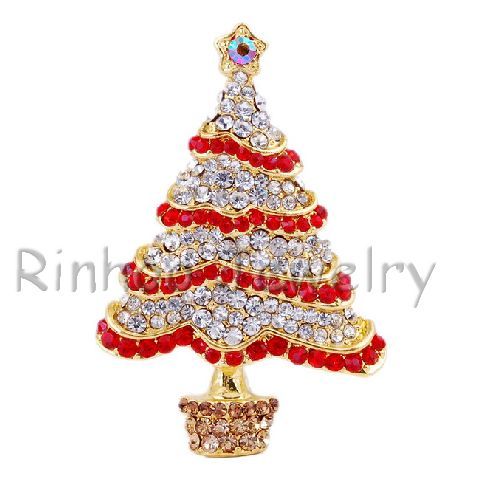 Christmas Tree Rhinestone Gold Plated 37*55MM Brooch  