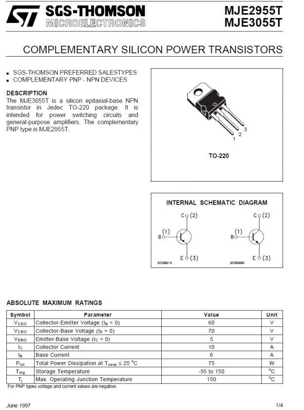 MJE2955 T PNP & MJE3055 T NPN Transistor 10A 60V ST  