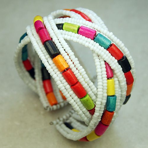 White Open Ended Glass Seed Twisted Wood Beads Bracelet  