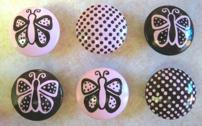 BRN & PINK DOTS & BUTTERFLIES  Dresser Drawer Knobs  