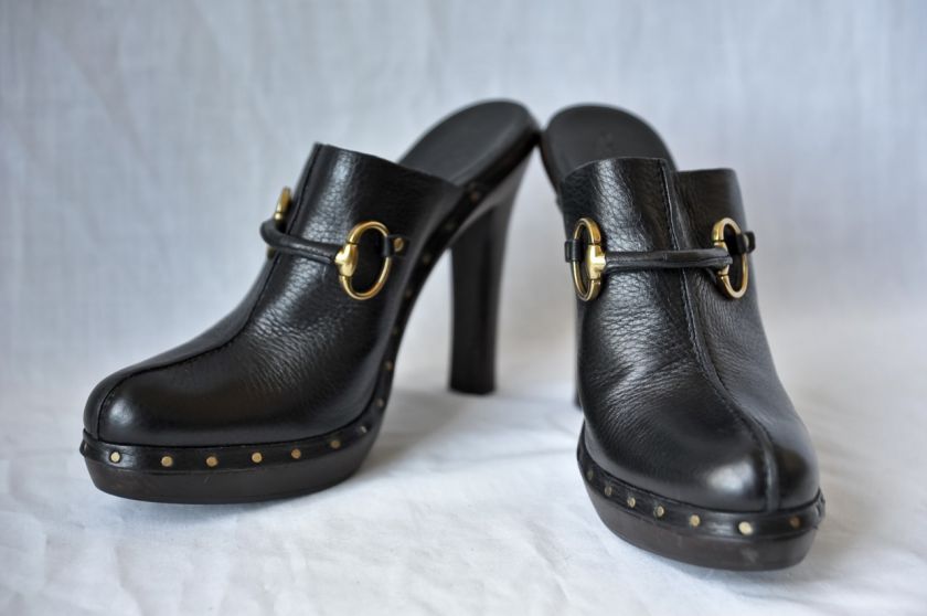 GUCCI Black LEATHER+Brown Gold HORSEBIT CLOG Platform Heel Sandal 