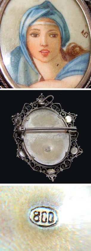 800 Silver Filigree + Turquoise Portrait Pendant Brooch Woman w/ Blue 