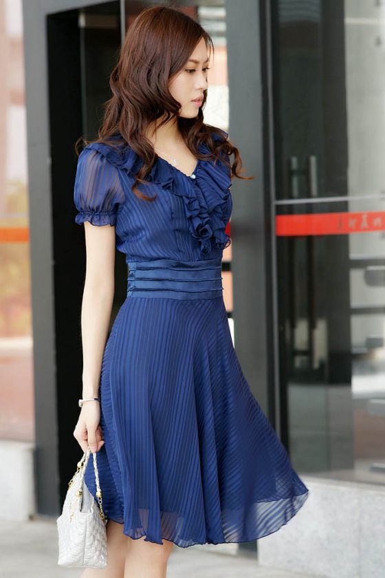 Women Slim Short Sleeve V Neck Chiffon Casual Dress OL Fashion Free 