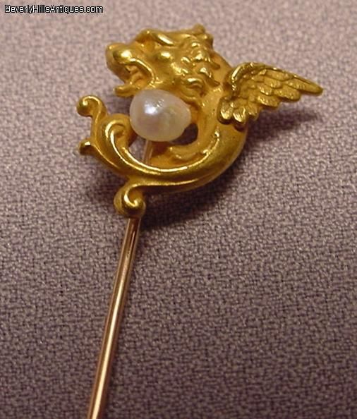 Antique 18k Griffin & Pearl Stickpin  