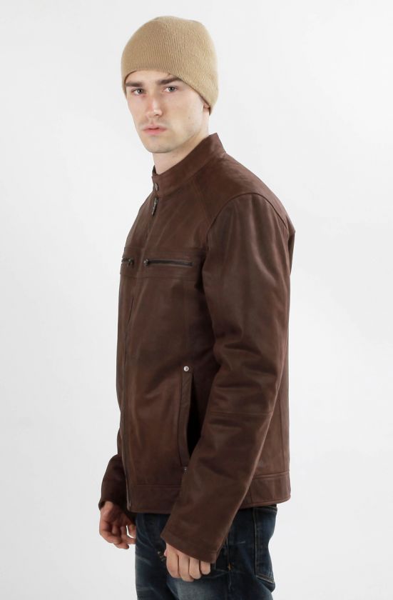 United Face Mens New Vintage Brown Lambskin Leather Moto Biker Jacket 