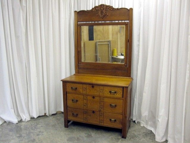 Nice Antique Arts & Craft Oak Dresser w Beveled Mirror  