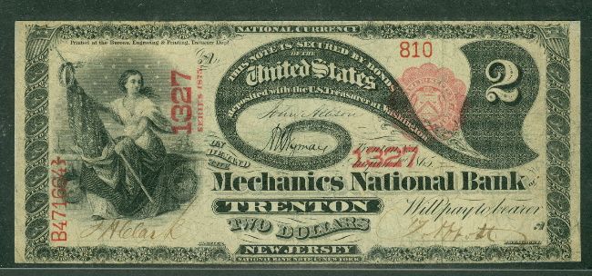 00 National Bank Note“Lazy Deuce”, Mechanics NB Trenton NJ 
