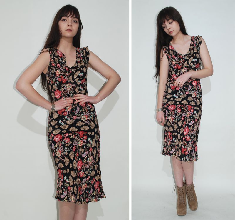   30s Art Deco Style Grunge Black Floral Revival Bias Cut Slim Fit Dress