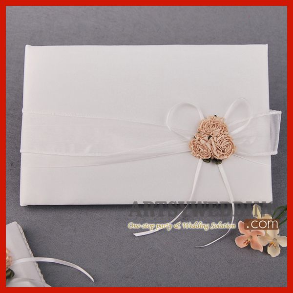    Satin Ivory and Champagne Wedding Guest Book and Pen SET w/ Floral