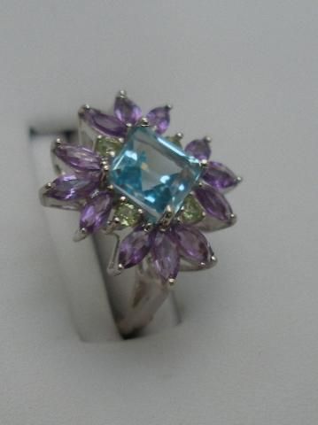Sterling Silver Blue Topaz Amethyst ring Peridot accent  