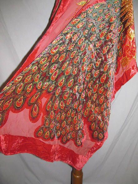 Voided Red Velvet Shawl w Beaded Peacocks  