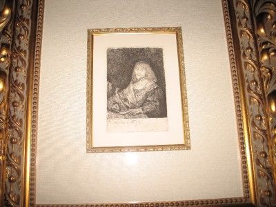 REMBRANDT VAN RIJN COPPER PLATE ETCHING MAN AT A DESK WEARING A CROSS 