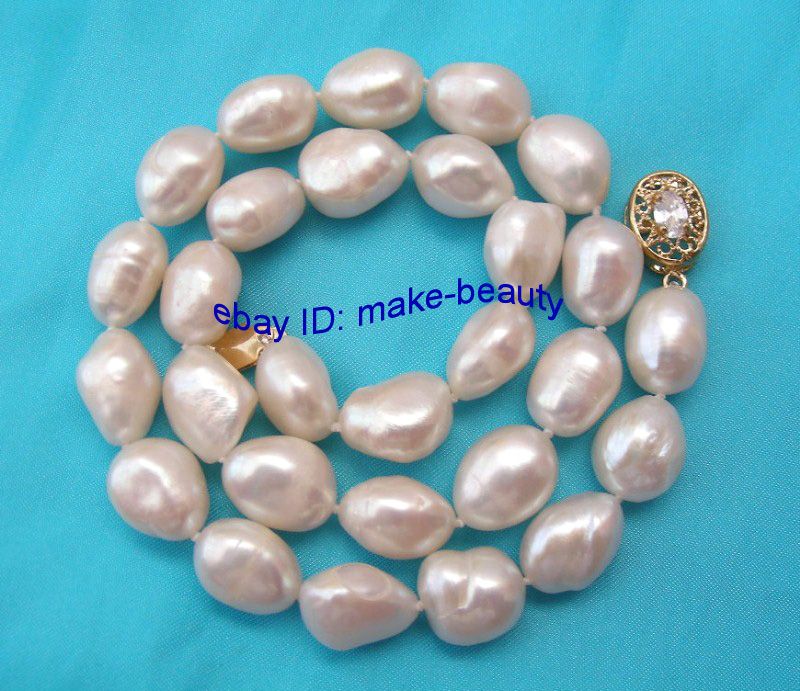   big 15mm baroque white freshwater cultured pearls necklace 9K  