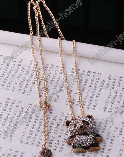 Womens Fashion Shiny Rhinestone crystal panda pendant Sweater chain 