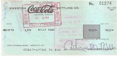 1969 COCA COLA CHECK SIKESTON, MO. BOTTLING CO. #01274  