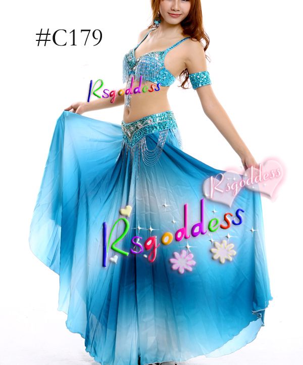 quality light blue belly dance costume bra&skirt&belt  