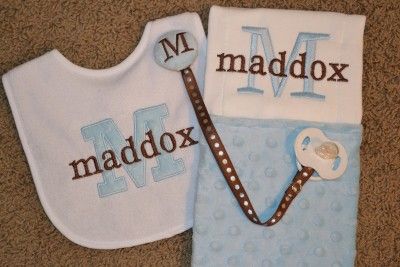 Personalized/Appliqued Burp Cloth, Bib and Paci Clip  