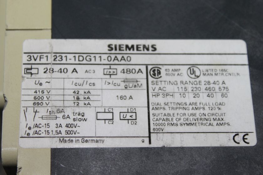 SIEMENS 3VF1231 1DG11 00A00 40A 3P 600V CIRCUIT BREAKER  