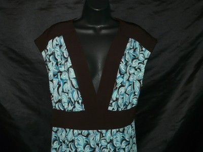 GNW 16 Bright Blue Black Dark Brown V Neck Empire Stretch Dress 