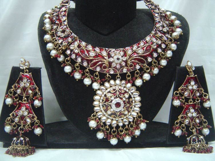 Bollywood Indian Kundan Pearl Enamel Meena Bridal Jodha Akbr Necklace 