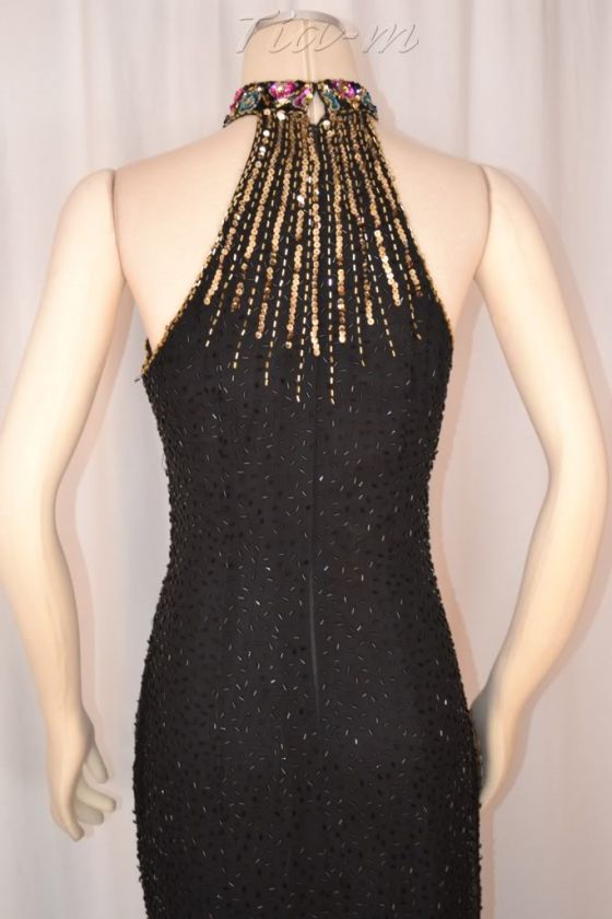 BONNIES BOUTIQUE BEADED BRA FORMAL PAGEANT BIAS CUT BLACK DRESS WOMEN 