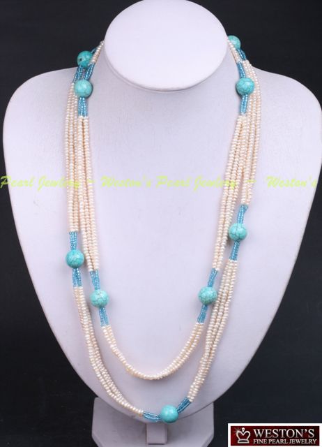 CULTURED WHITE FRESHWATER PEARL TURQUOISE BEAD NECKLACE  