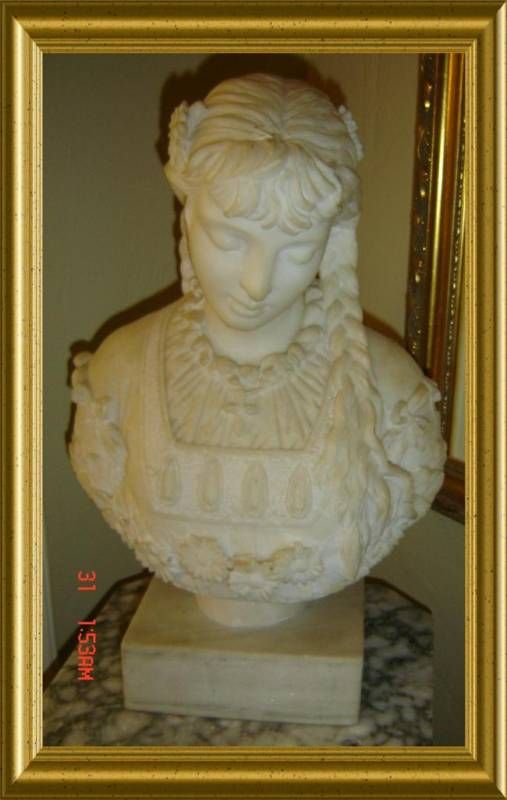 ANTIQUE Signe Italian MARBLE BRAIDS GIRL Bust Sculpture  