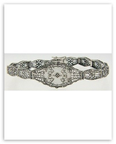 Camphor Glass Diamond Filigree Bracelet Sterling Silver  