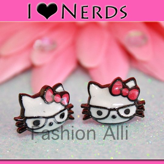 HELLO KITTY I LOVE NERDS PIERCED EMO KITSCH EARRINGS♡♡  