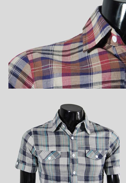 NWT Mens Slim Dress Casual Shirts Fit Plaid Short sleeved Shirts M 