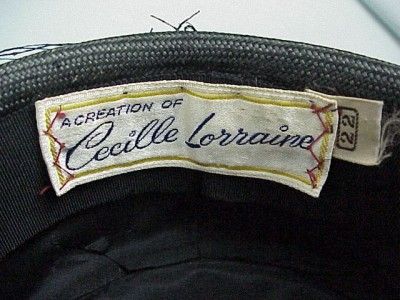 vintage 50s cecille lorraine black straw pillbox hat