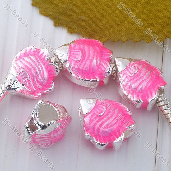 5pc Pink Enamel Angel Fish European Hole Bead Fit Charm  