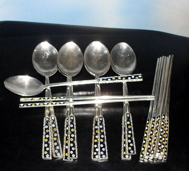   VTG Silver plated painted flower handle chopstick spoon 23 piece set
