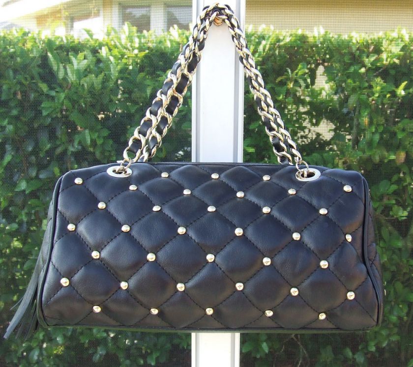 CLAUDIA FIRENZE BLACK QUILTED ITALIAN LEATHER GOLD STUDDED ZIPPER 