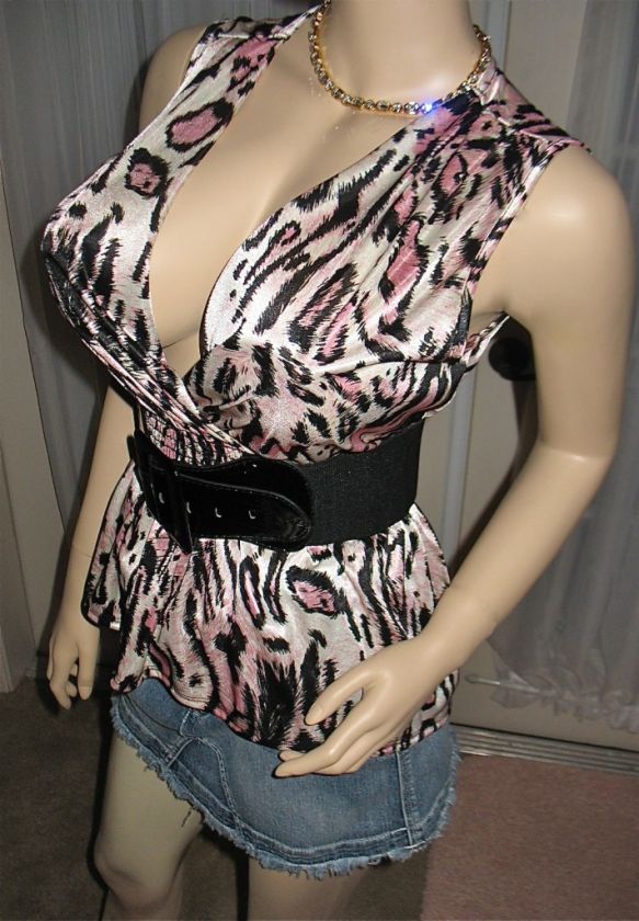 Sexy Fitted LEOPARD Plungin CLEAVAGE Silky Blouse Top~S  