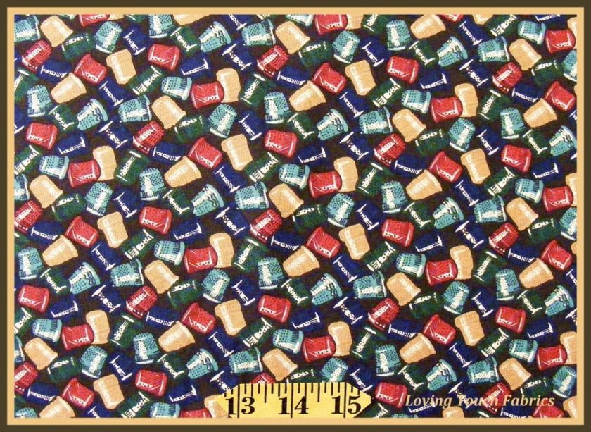 FABRI QUILT SEWING THEME TOSSED THIMBLES FABRIC FQ 18 X 22  