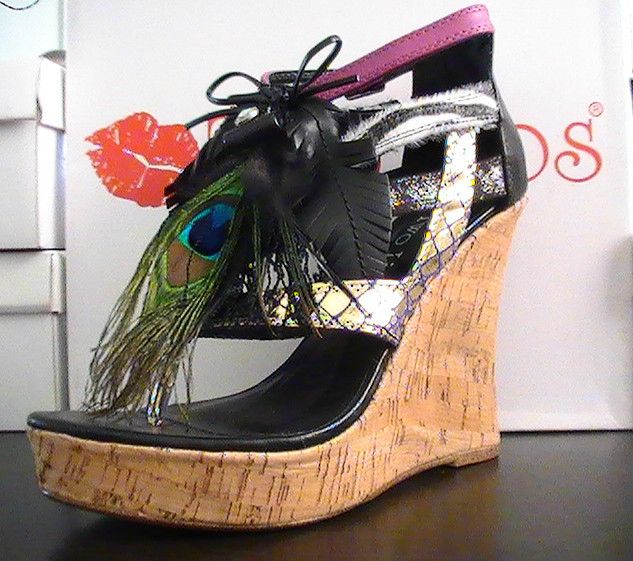 Two Lips Plume Feather Cork Wedge Black Retail $129.95  