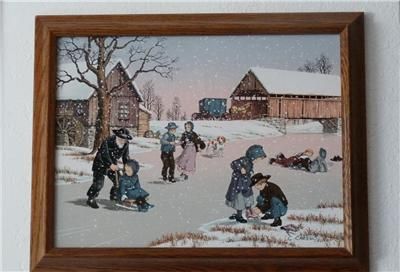 AMISH COUNTRYSIDE SLEDDING ICE SKATING FRAMED ART C.CARSON  