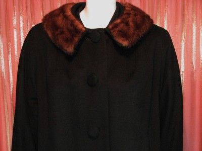 VINTAGE 1950s 60s CASHMERE COAT WITH A GENUINE MINK FUR COLLAR S M 