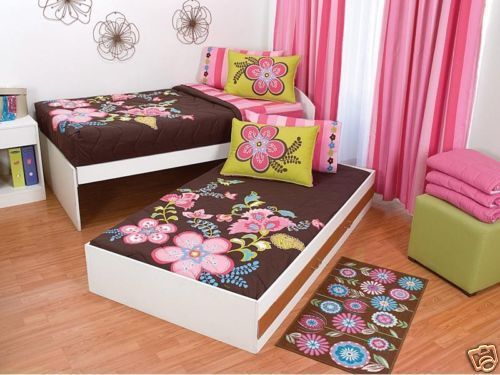 New Exotic Pink Brown Flowers Bunk Bed Bedspread Bedding Set Twin 5pcs