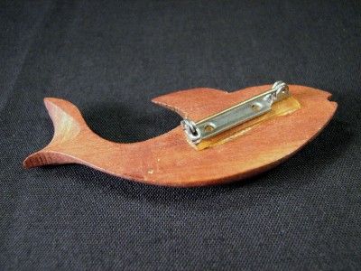 Vintage Carved Wood Swimming Fish Brooch / Pin, Wooden  