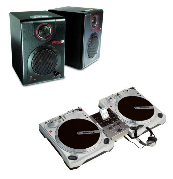 NUMARK DJ IN A BOX iPod Vinyl Turntable w/ Headphones + 2 AKAI RPM3 DJ 