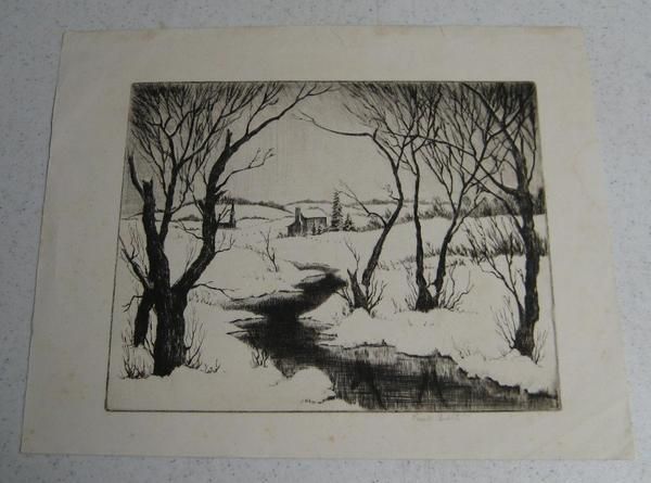 RARE LOWELL BOBLETER MINNESOTA WINTER LANDSCAPE ETCHING  