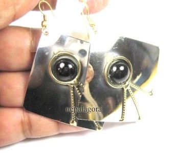 E2371 Black glass stone emboss Boho Gypsy Earrings Indian jewelry Free 