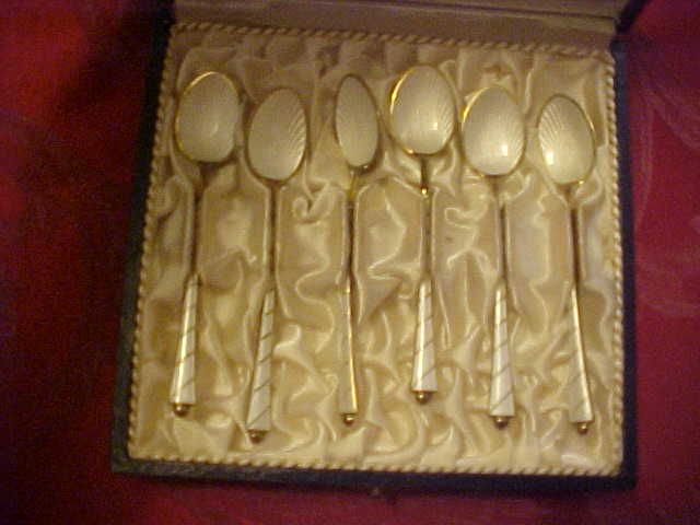 Enamel Sterling Spoon Set Guilloche Enamel Denmark  